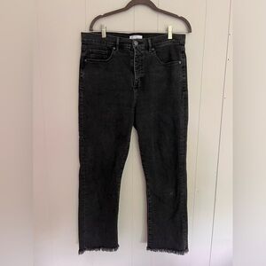 LOFT High Rise Straight cropped jeans with frayed hem.